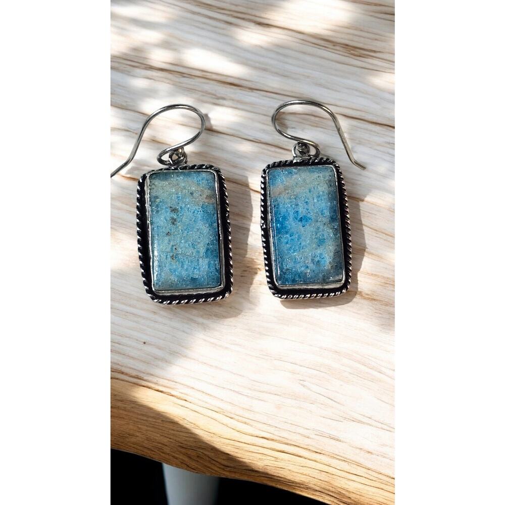 Blue Mosaic Stone Rectangle Dangle Earrings Silver Rope Artisan Southwest